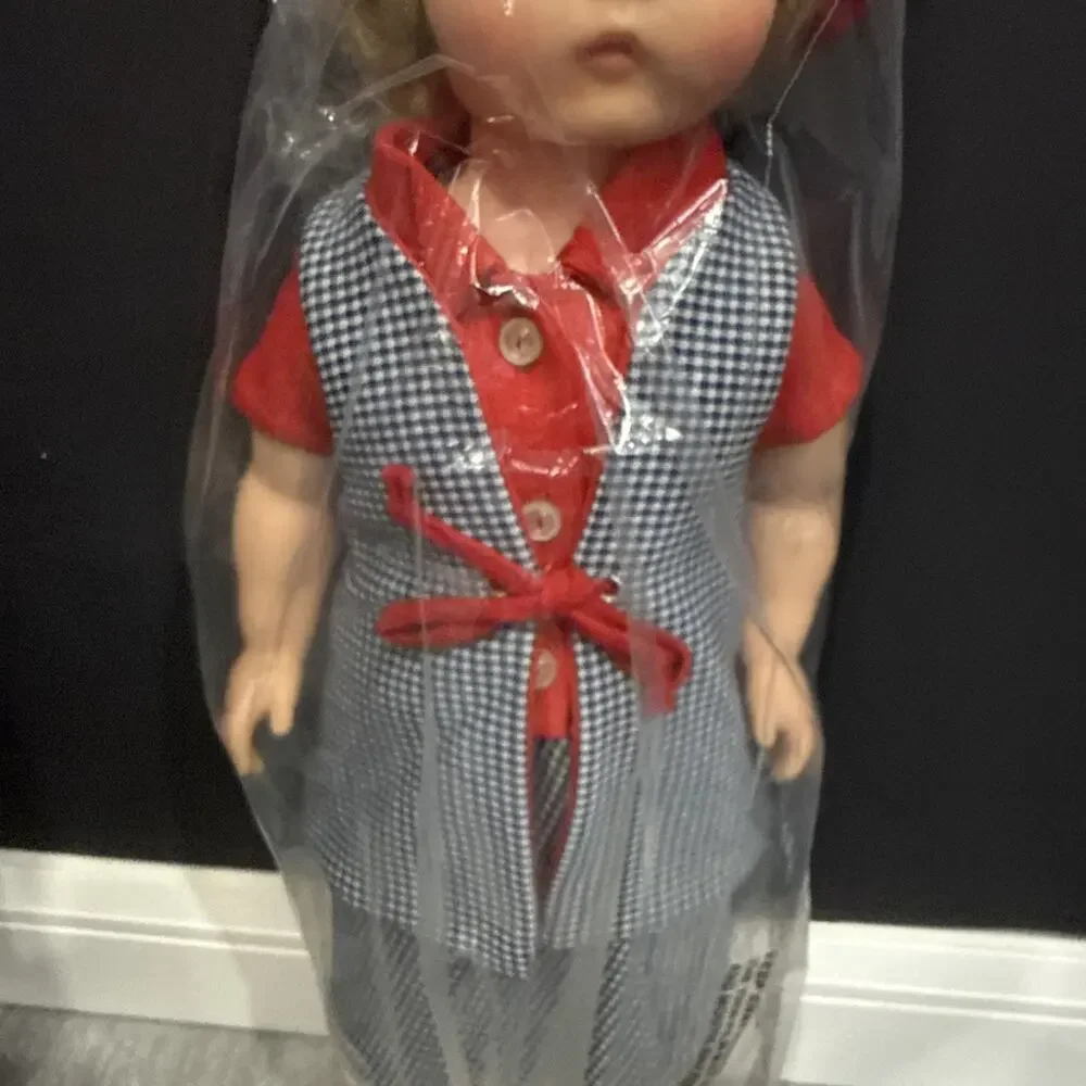 Vintage 19” Hard Plastic Blonde Girl Doll Blue Gingham Dress Red Trim *